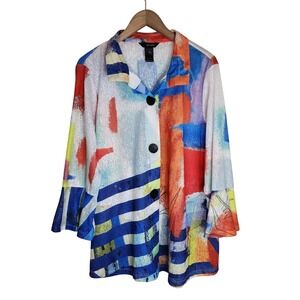 Ali Miles Tunic Top Women's Large 3/4 Sleeve Button Up Art to Wear Artsy Multi